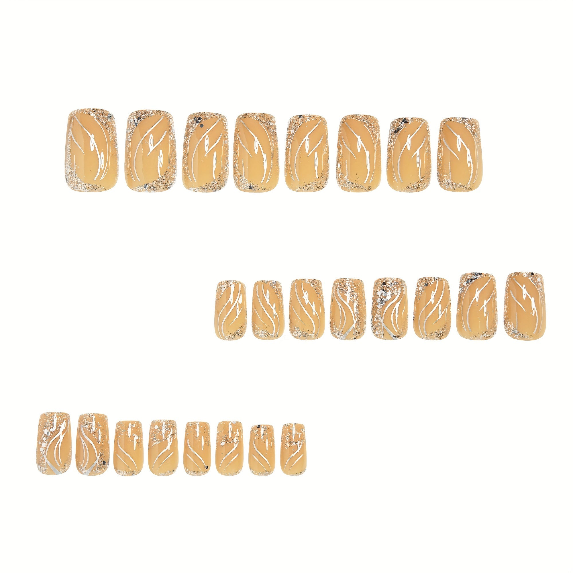 A Box Of 24pcs Of Press-on French-style Shiny Silvery Glitter Elegant False Nails With Simple And Elegant Lines, Suitable For Women And Girls For Dating And Daily Wear. The Advanced Glossy Surface Can Be Detached, And The Set